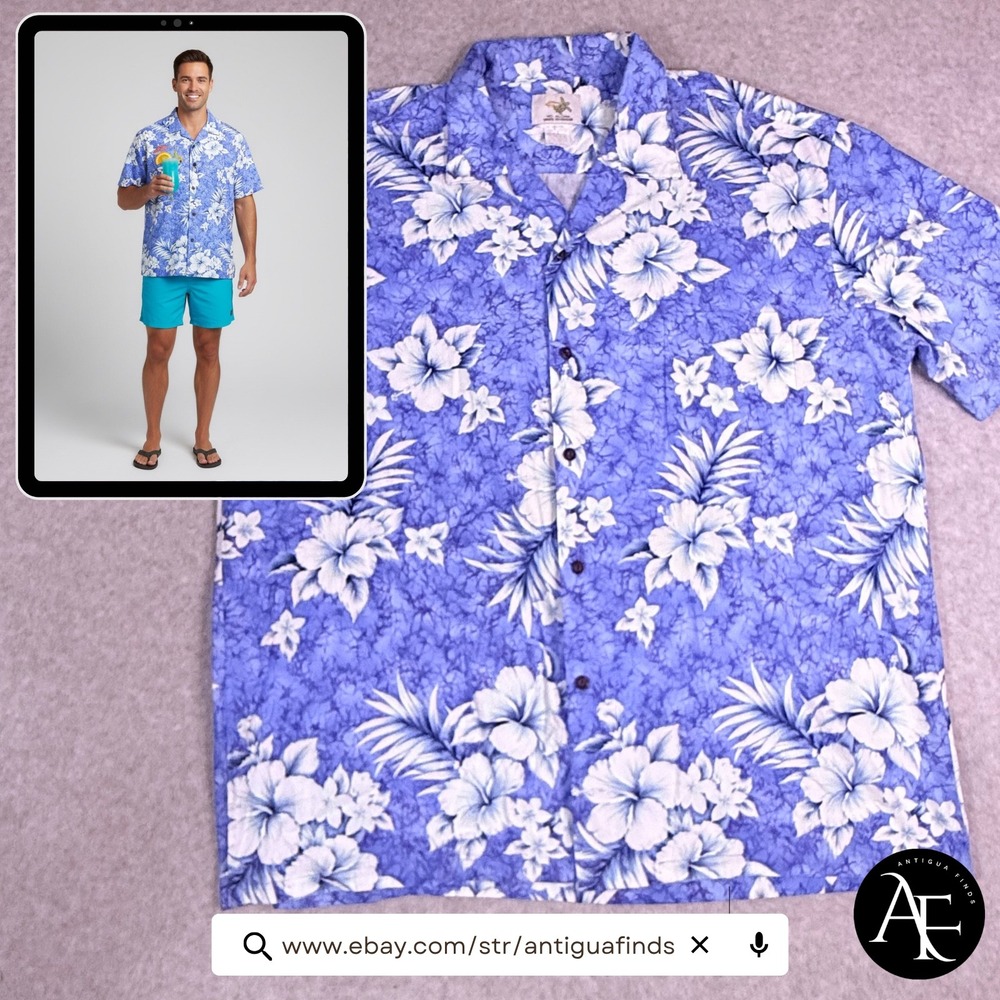 Ho Aloha Mens 2XL Blue White Hibiscus Floral Hawaiian Shirt Made n Hawaii Cotton